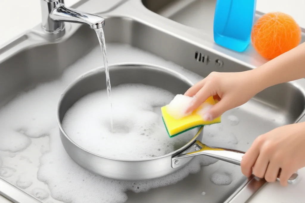 304 Stainless Steel Frying Pan Cleaning Scene in Kitchen Sink