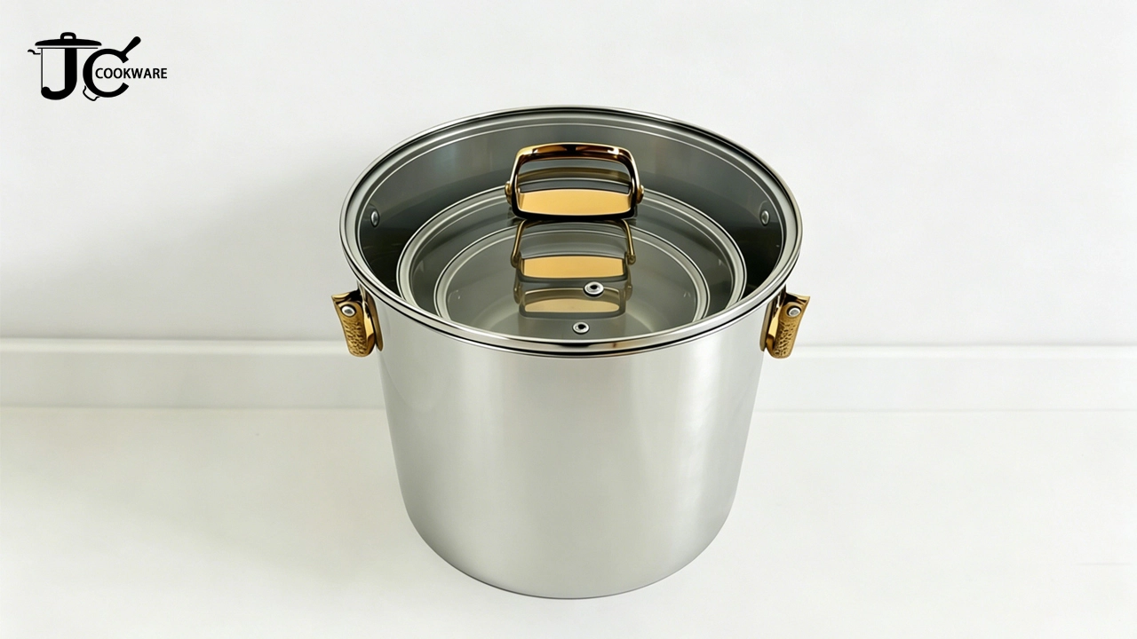 Nesting stainless steel cookware set with detachable handles